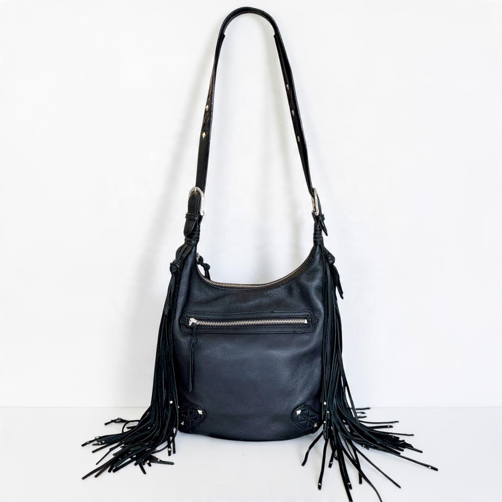 Donald J Pliner Black Pebbled Leather Fringe Hobo Shoulder Bag Studded Boho